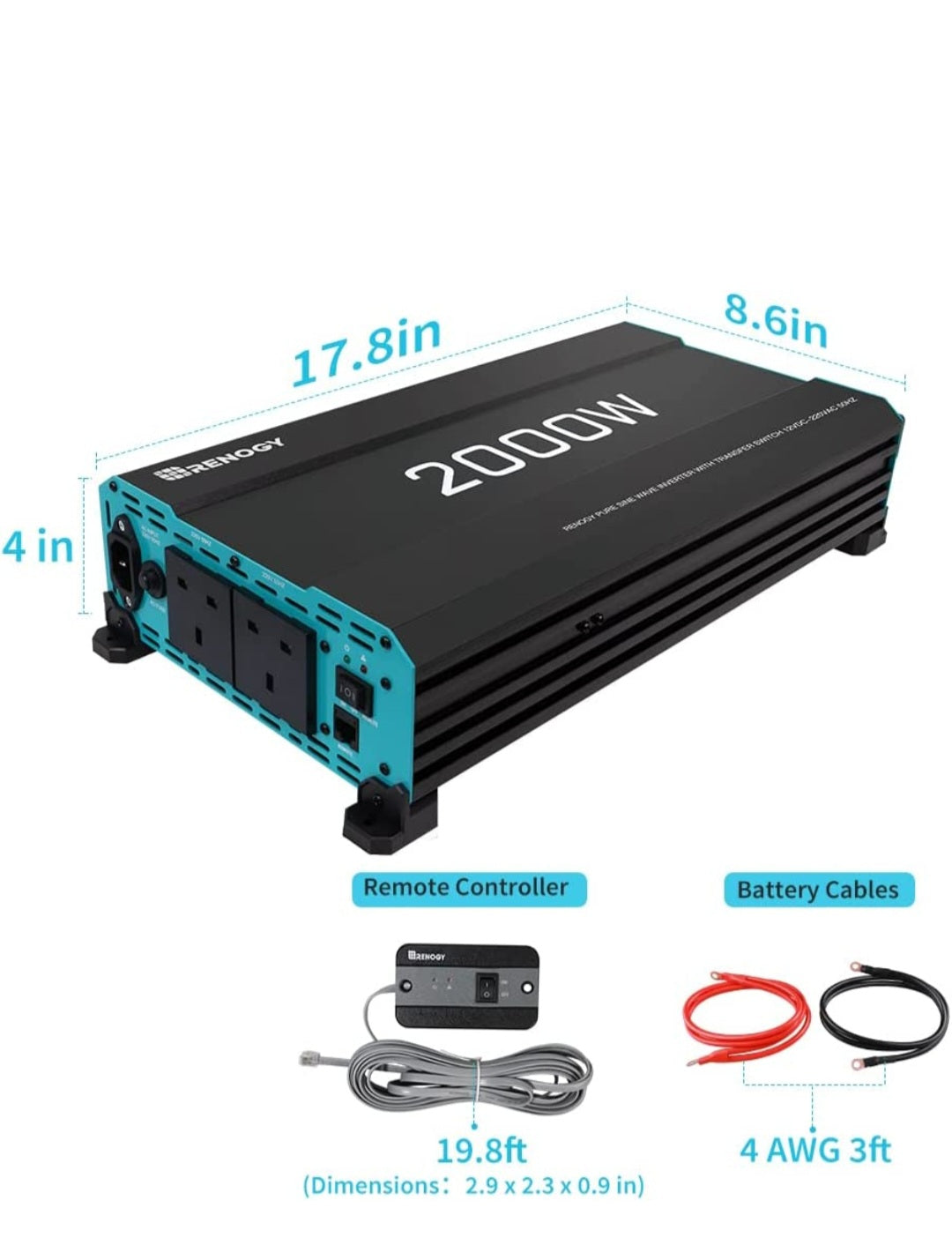 RENOGY 2000W 12v Pure Sine Wave Inverter Euro 6 Compatible