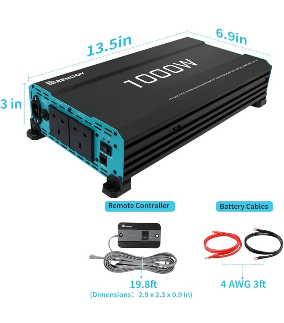 RENOGY 1000watt 12v Pure Sine Inverter Euro 6 Compatible