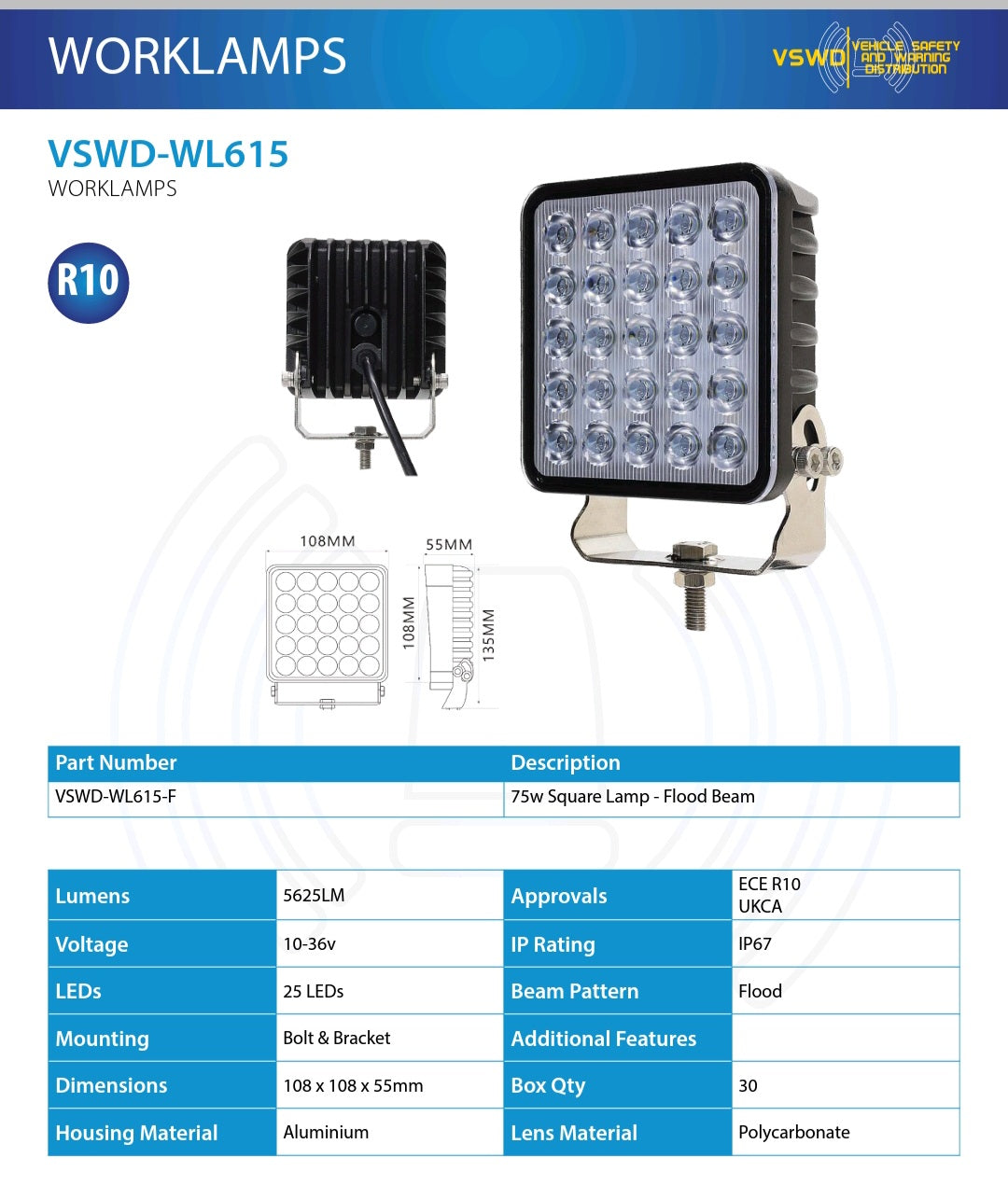 VSWD 75W Square Flood Beam Lamp 5625lumen